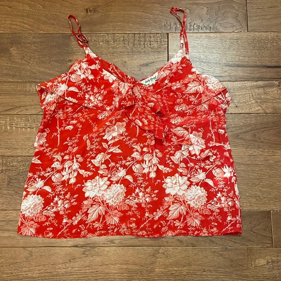 Lucky Brand Women’s Floral Red Silk Cami Tank Ruffle Top - Size Small - Picture 1 of 9
